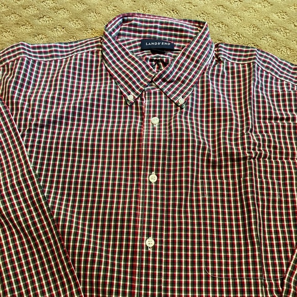 Lands End‎ Mens LS Button Up Collared Shirt Red Check Sz 17 - 37 - Picture 1 of 6